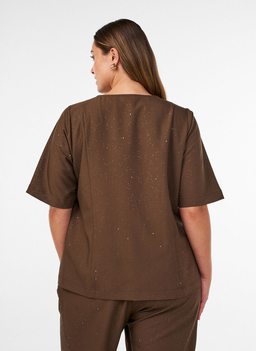 Blouse avec paillettes et col en V, Marron, Model image number 2