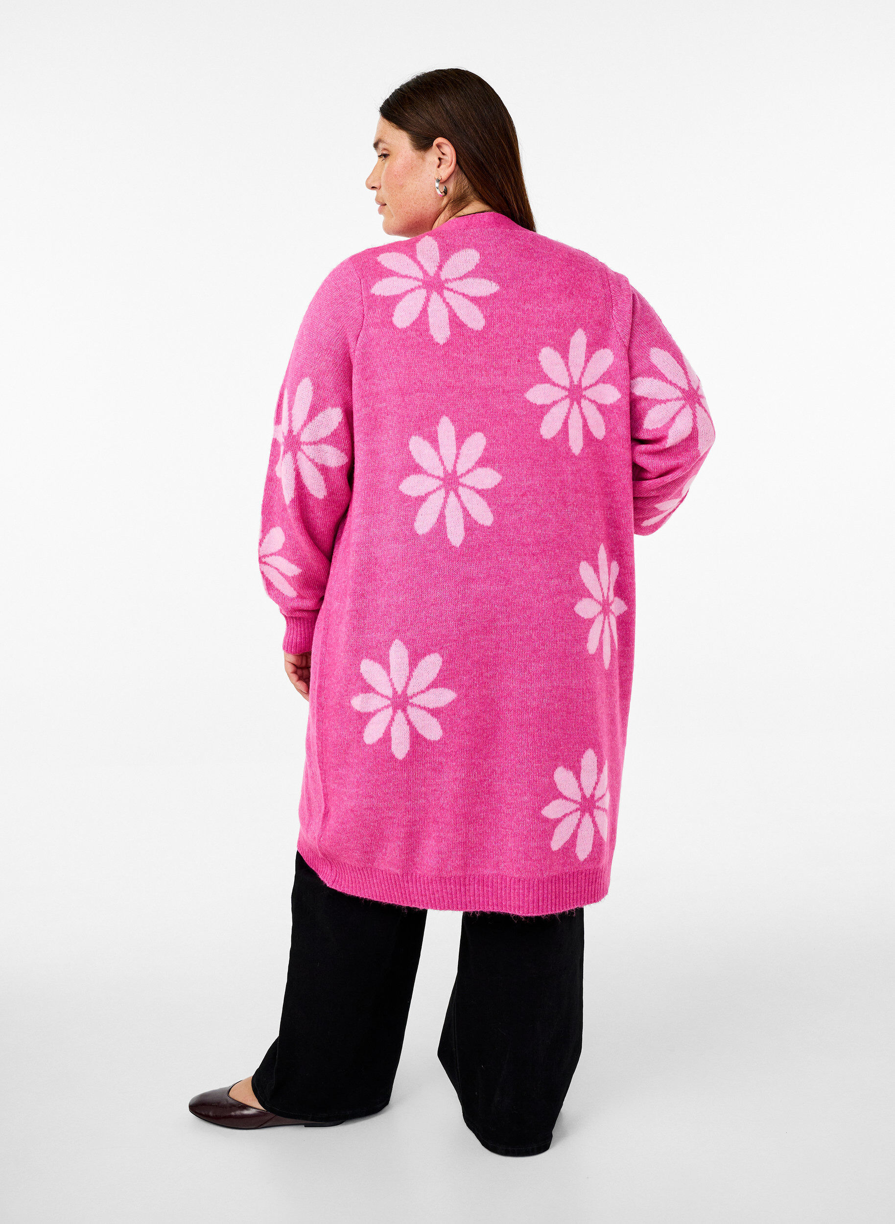 Zizzi Cardigan long en maille avec des fleurs, Raspberry Rose Comb, Model image number 1