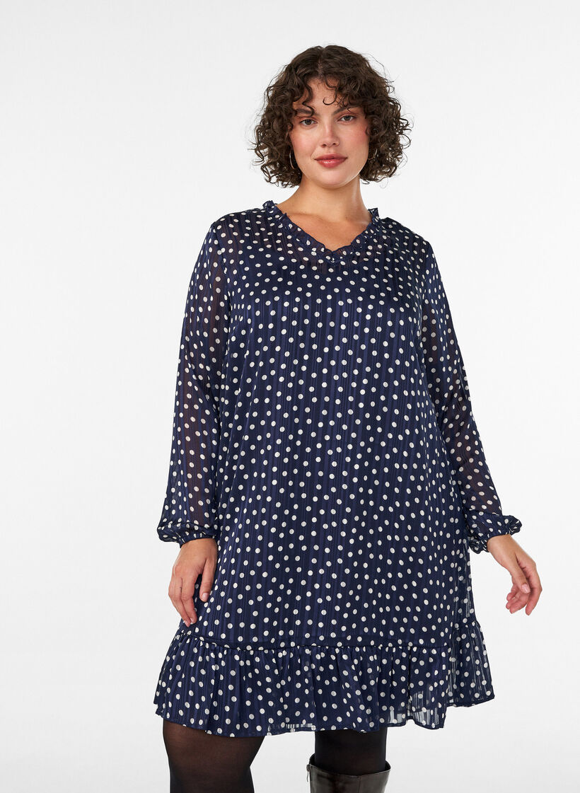 Robe &agrave; motifs avec volants et manches longues, Bleu, Model image number 0
