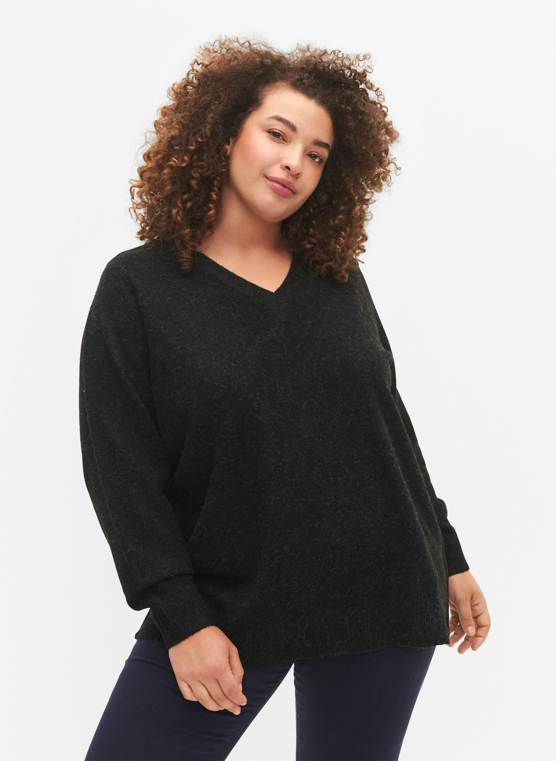ZizziPull chin&eacute; &agrave; col en V, Dark Grey Melange, Model image number 0