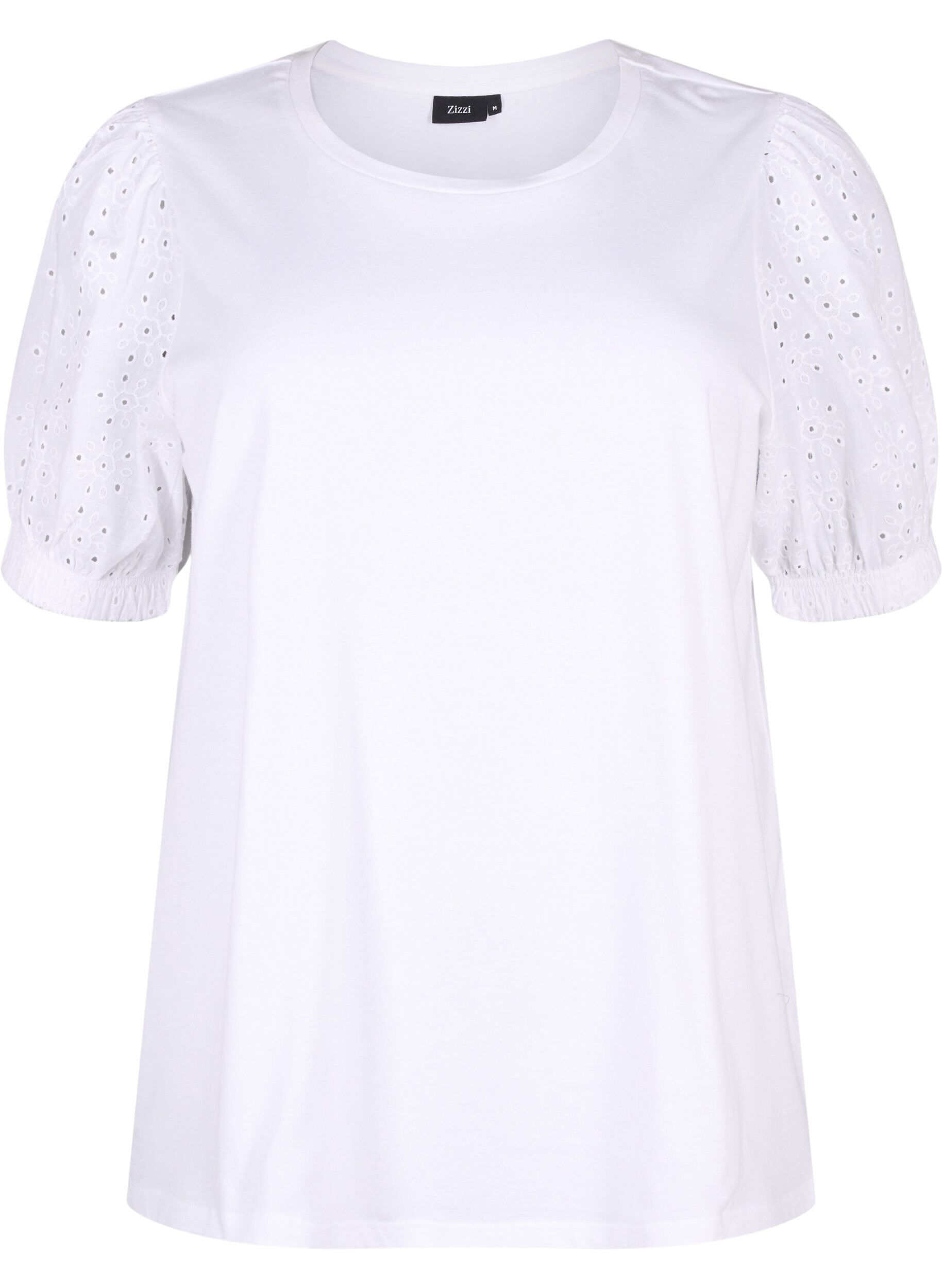 Zizzi Chemisier en coton biologique avec manches en broderie anglaise, Bright White, Packshot image number 0