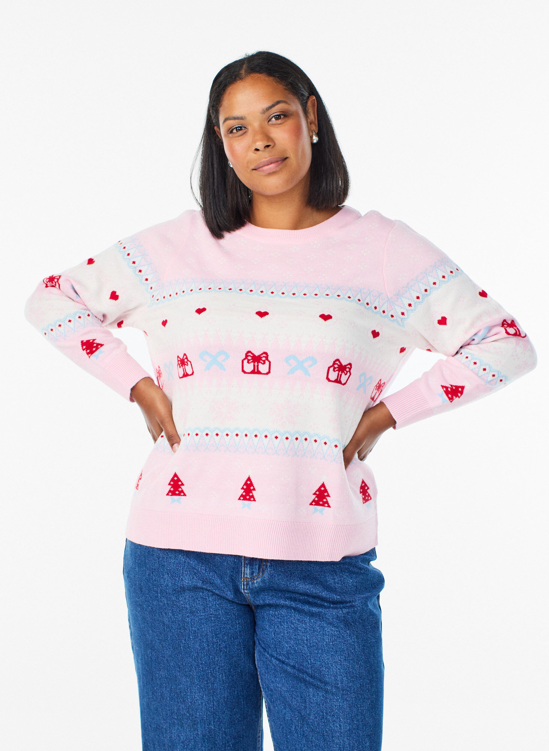Blouse en maille avec motif de No&euml;l, Rose, Model