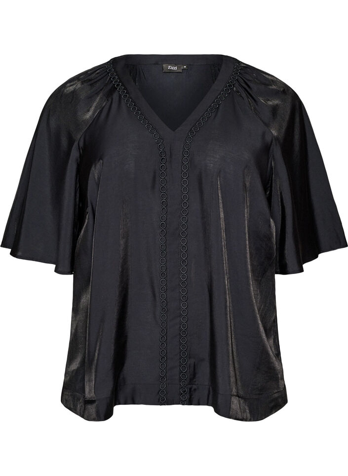 Blouse en viscose avec col en V et d&eacute;tails d&eacute;coratifs, Noir, Packshot image number 0