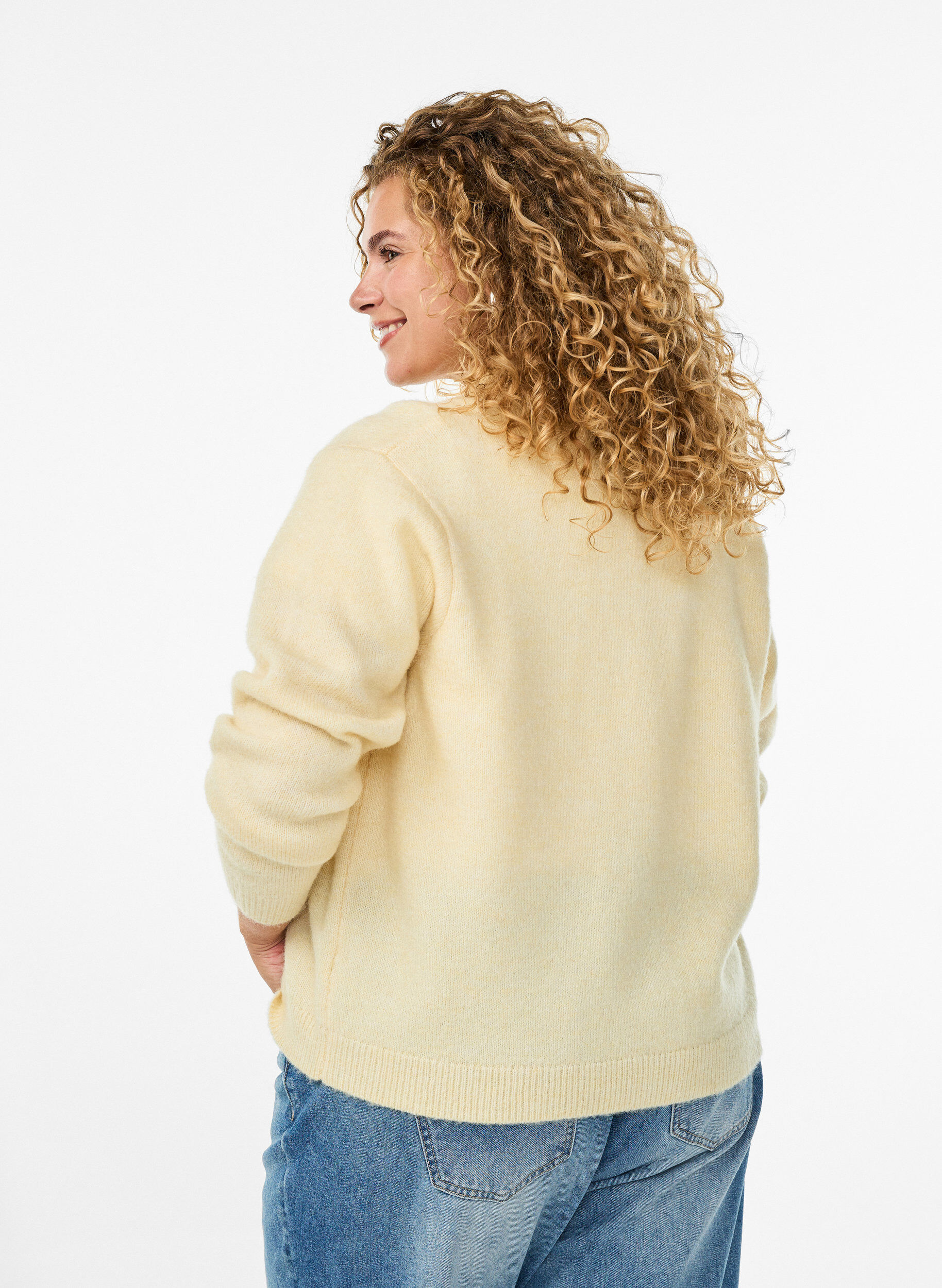 Zizzi Cardigan en maille avec col et boutons, Jaune clair, Model image number 2