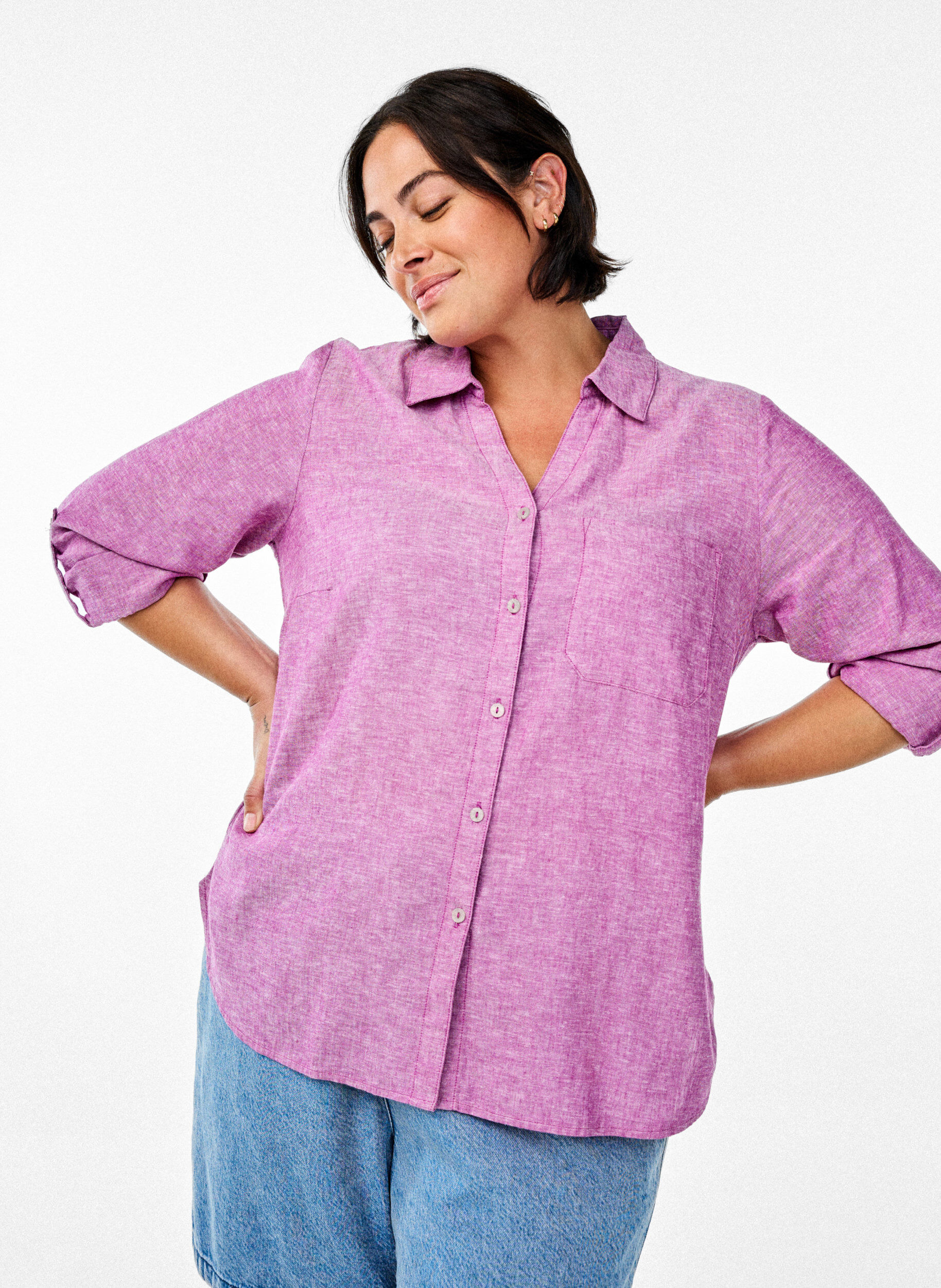 Zizzi Chemise en lin et viscose avec manches 3/4, Violet, Image image number 0