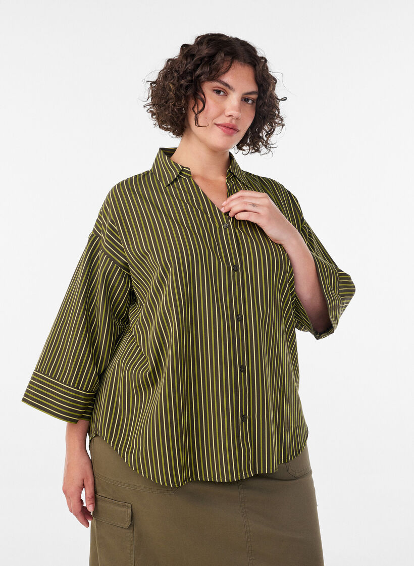 Chemise ample &agrave; rayures avec manches 3/4, Vert, Model image number 0