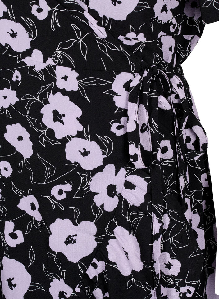 Robes enveloppées florales à manches courtes, Noir, Packshot image number 3