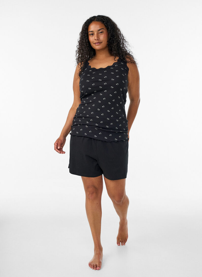 Top avec imprim&eacute; et bord en dentelle, Noir, Model image number 1
