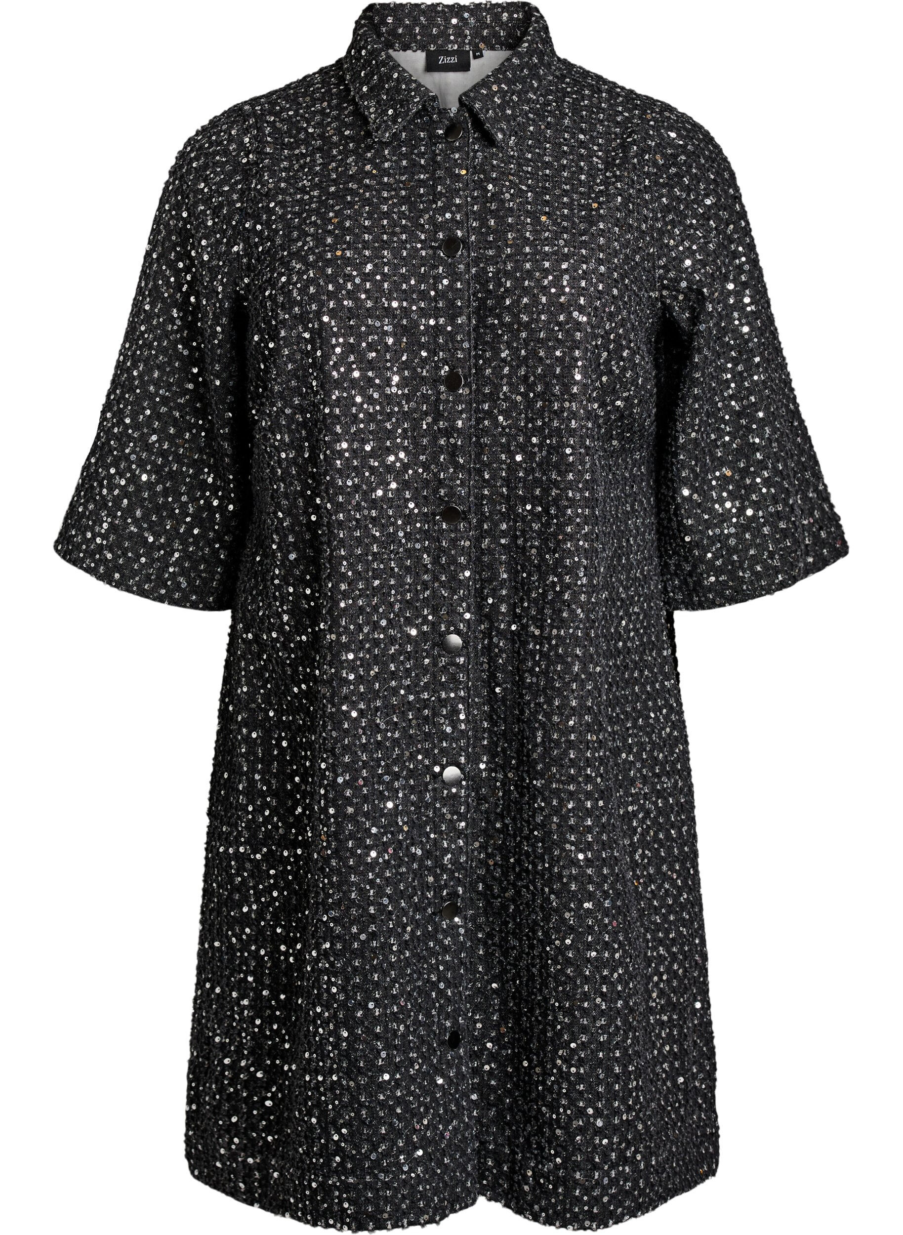 ZizziRobe en denim avec sequins et manches 3/4, Noir, Packshot image number 0