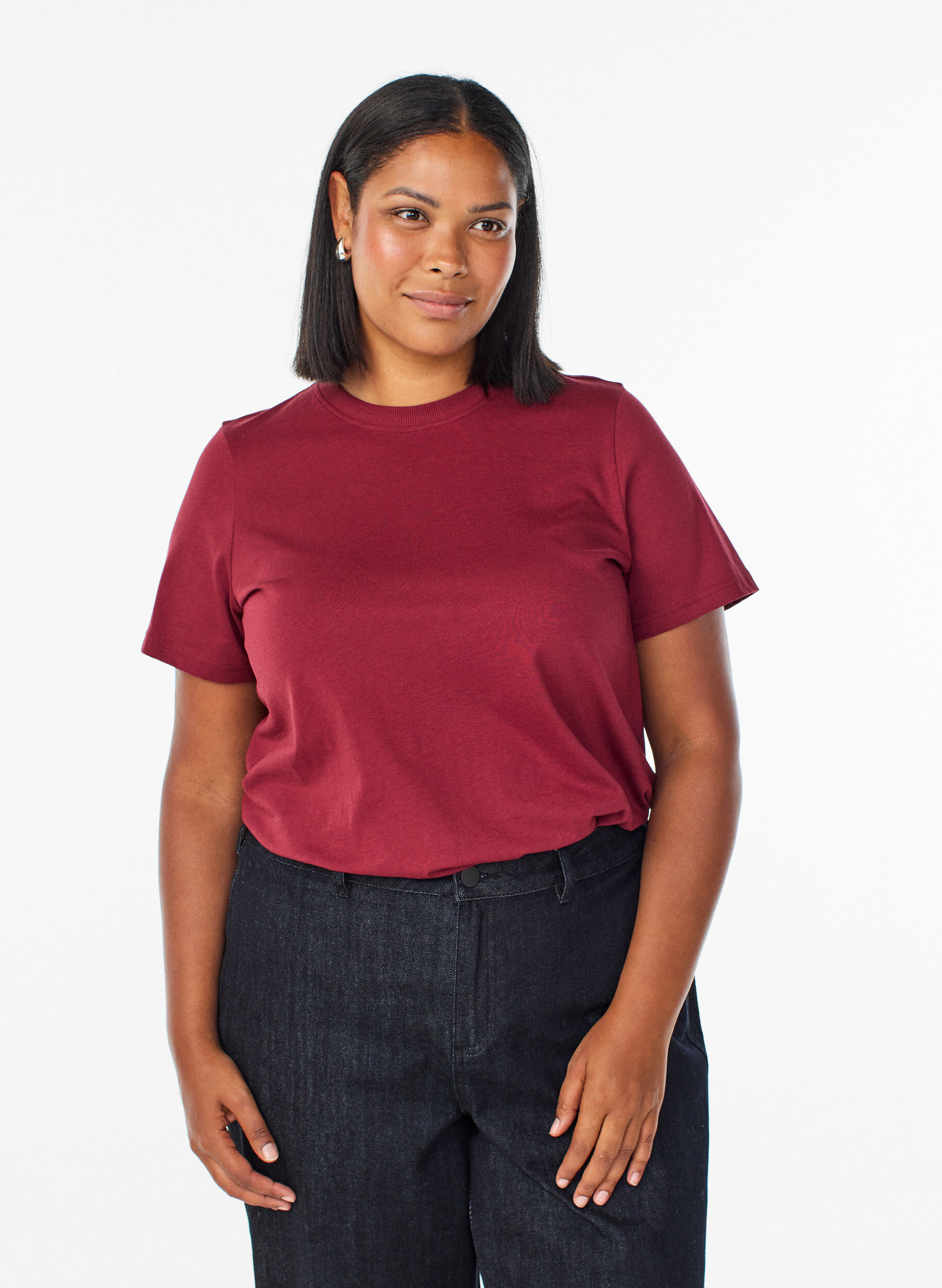 ZizziT-shirt basique en coton &agrave; col rond, Bordeaux fonc&eacute;, Model image number 0