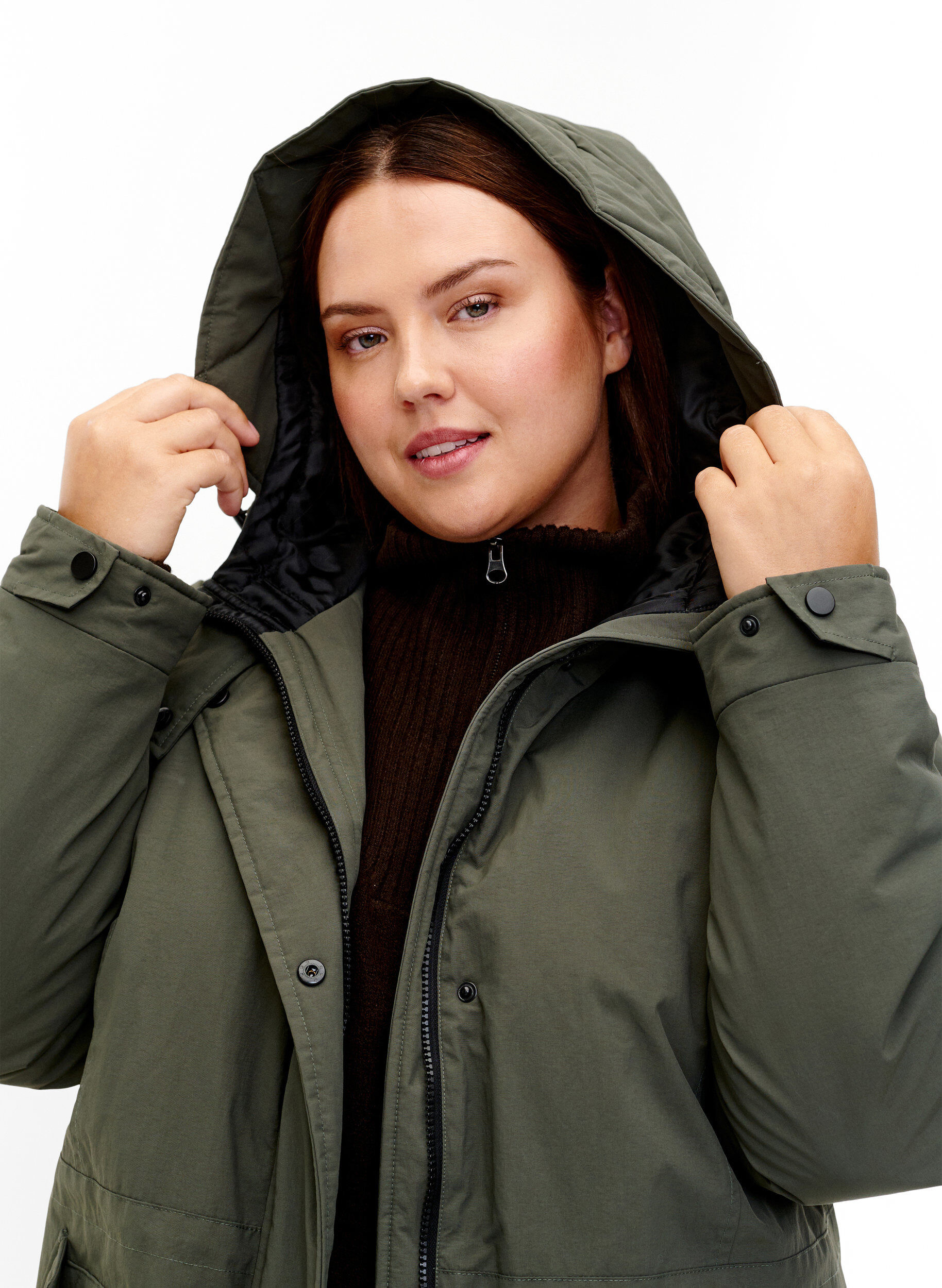 Zizzi Parka avec capuche et taille r&eacute;glable, Black Olive, Model image number 3
