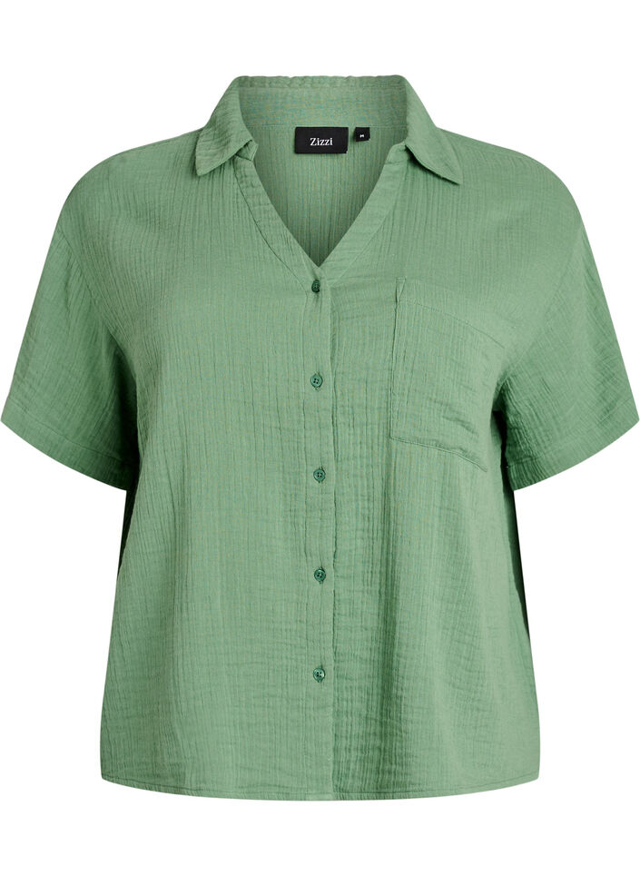 Blouse en mousseline de coton &agrave; manches courtes, Vert, Packshot image number 0