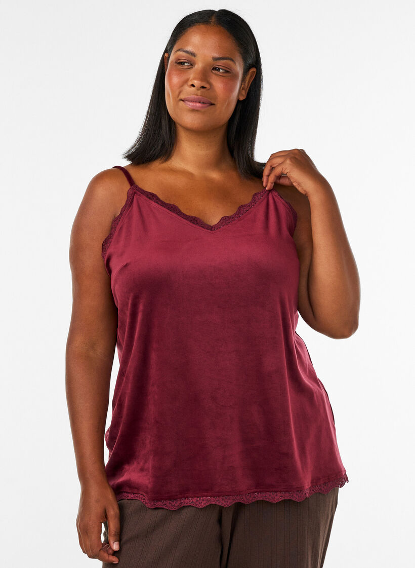 Top en velours avec bordure en dentelle, Bordeaux, Model image number 0