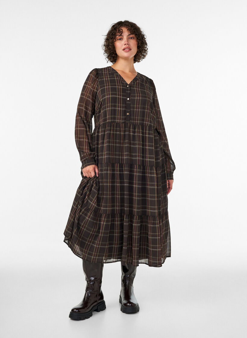 Robe midi &agrave; carreaux avec une jupe &agrave; volants, Marron, Model