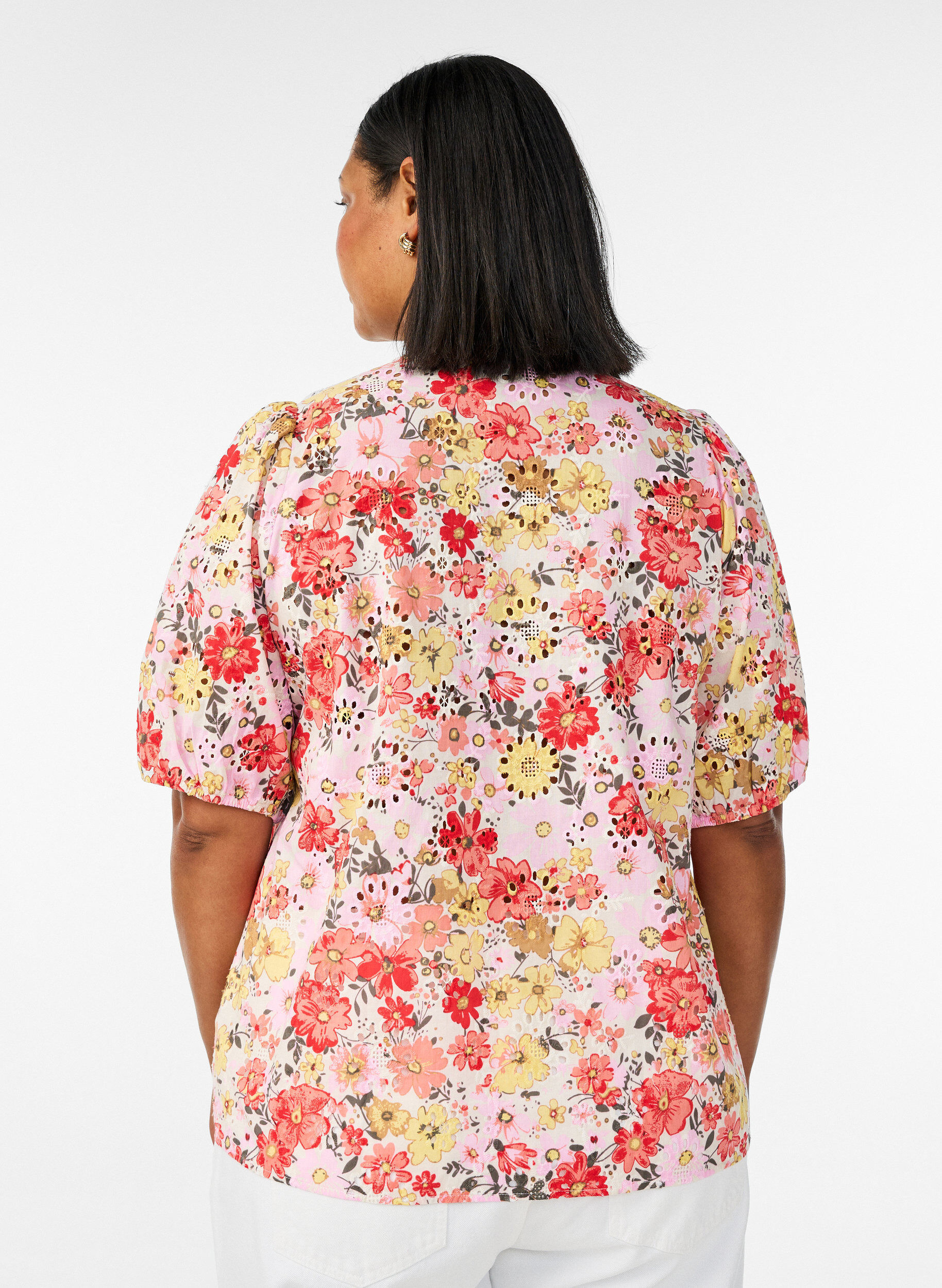 ZizziBlouse florale avec broderie ajour&eacute;e et col V, Rose, Model image number 2