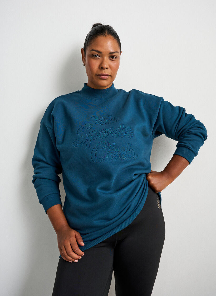 Sweat-shirt long &agrave; col montant et texte brod&eacute;, Bleu, Model image number 0