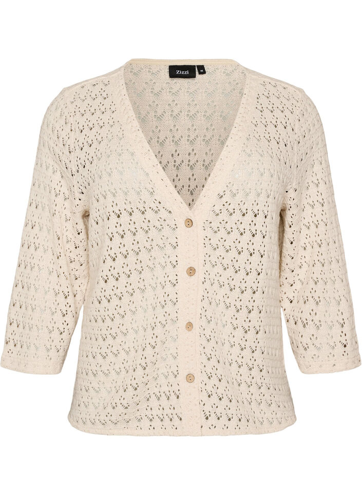 Cardigan en maille avec broderie ajour&eacute;e et col V, Beige, Packshot image number 0
