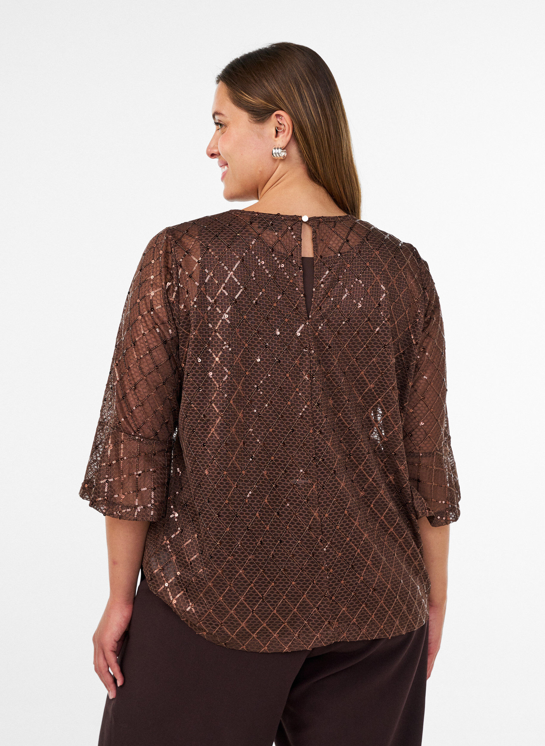 ZizziBlouse transparente avec sequins et motif &agrave; losanges, Marron, Model image number 2
