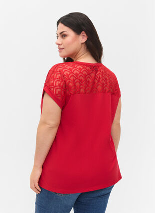 T-shirt en coton à manches courtes avec dentelle, Tango Red, Model image number 1