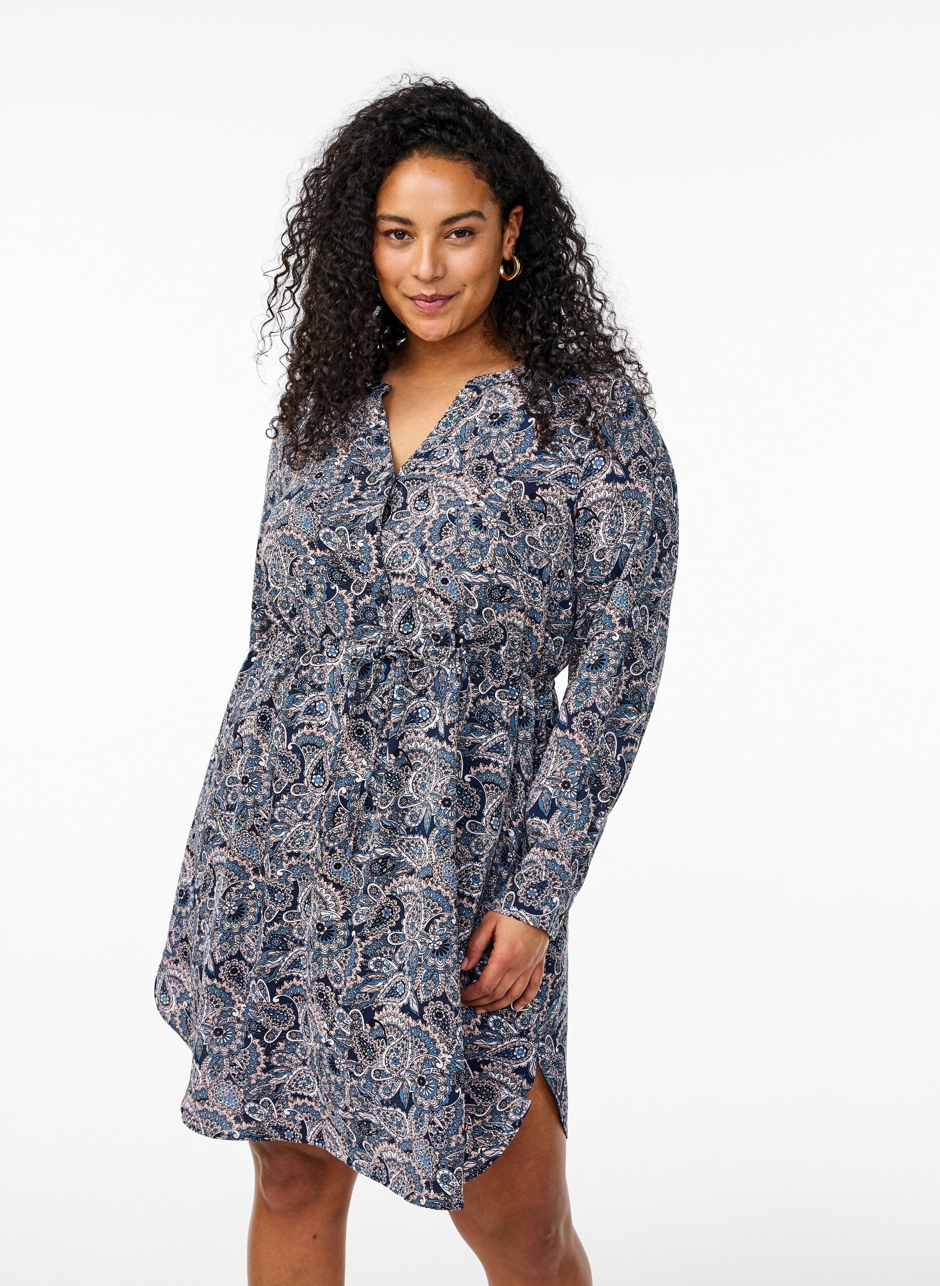 Zizzi Robe mi-longue avec ceinture &agrave; nouer, Beige, Model image number 0