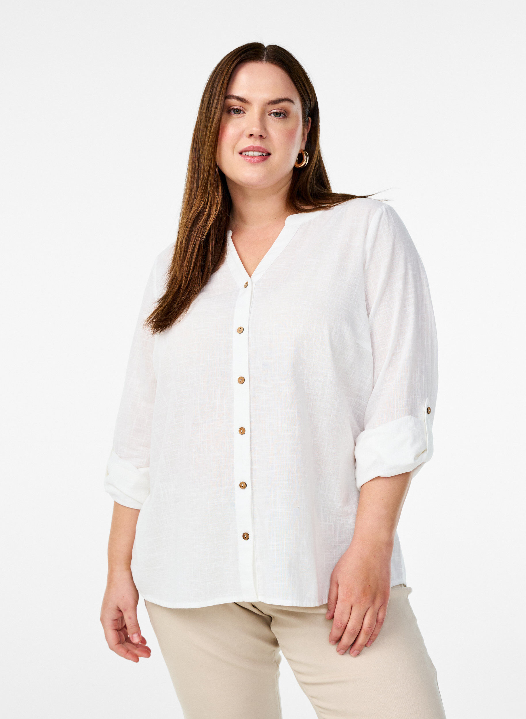 ZizziChemisier en coton avec un col en V, Blanc, Model image number 0