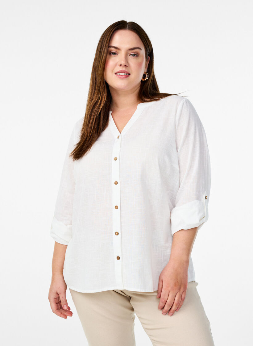 Chemisier en coton avec un col en V, Blanc, Model image number 0
