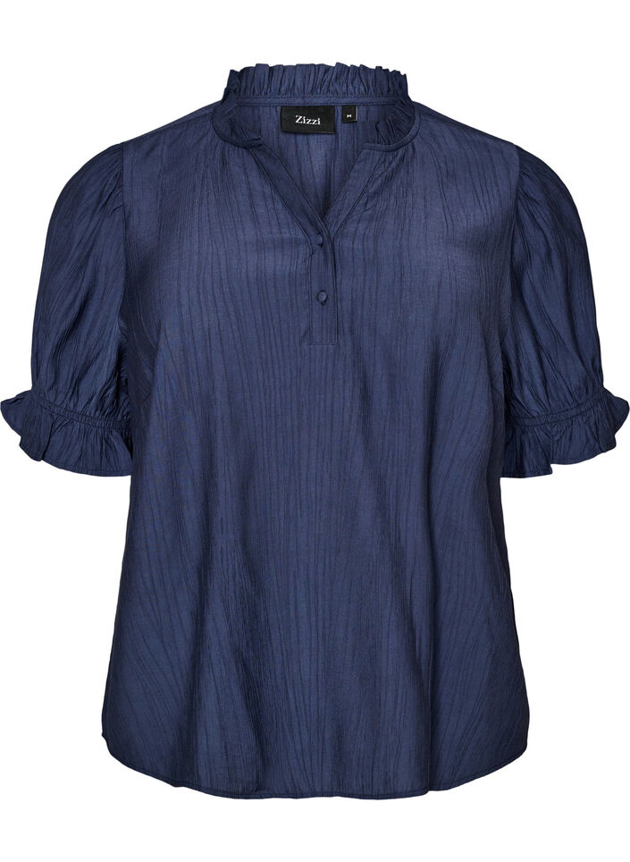 Blouse en m&eacute;lange de viscose froiss&eacute; avec un col en V, Bleu, Packshot image number 0