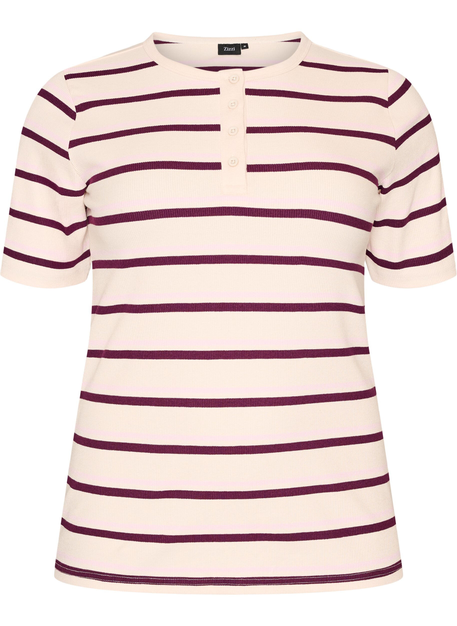 ZizziT-shirt c&ocirc;tel&eacute; &agrave; rayures et d&eacute;tail boutonn&eacute;, Violet, Packshot image number 0