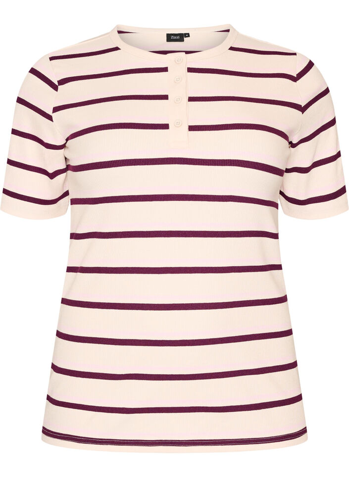 T-shirt c&ocirc;tel&eacute; &agrave; rayures et d&eacute;tail boutonn&eacute;, Violet, Packshot image number 0