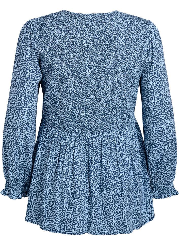 Blouse avec haut smock&eacute; et imprim&eacute; fleuri, Bleu, Packshot image number 1