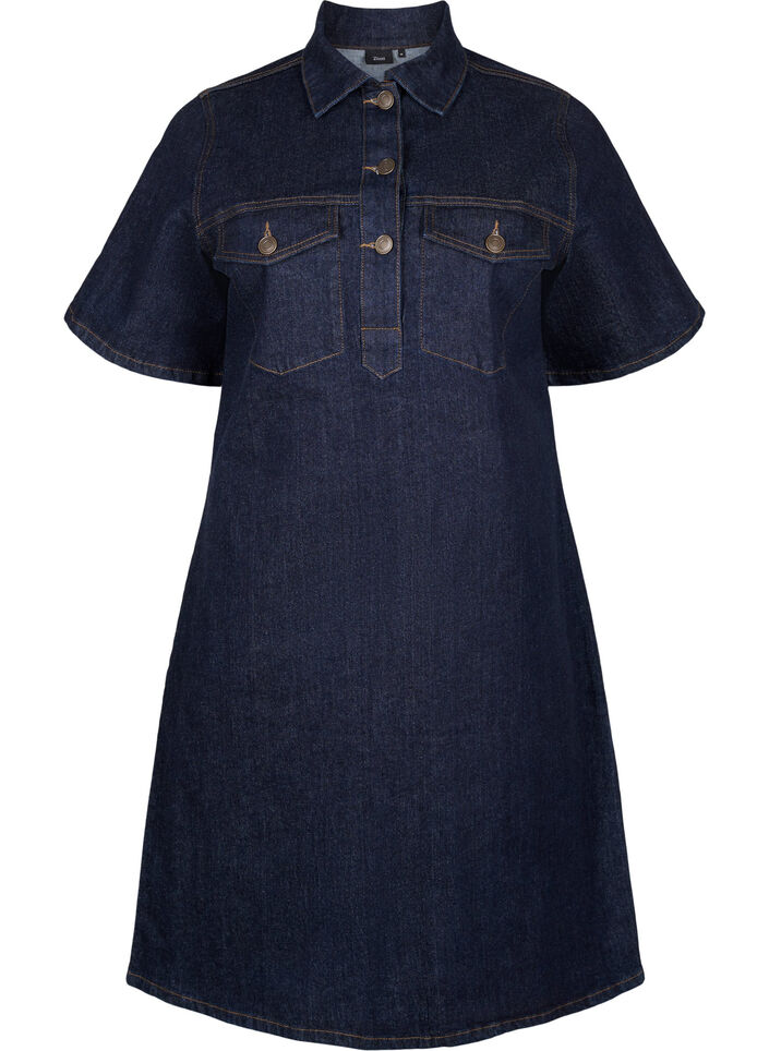 Robe en denim avec manches courtes et poches de poitrine, Dark Blue Denim, Packshot image number 0