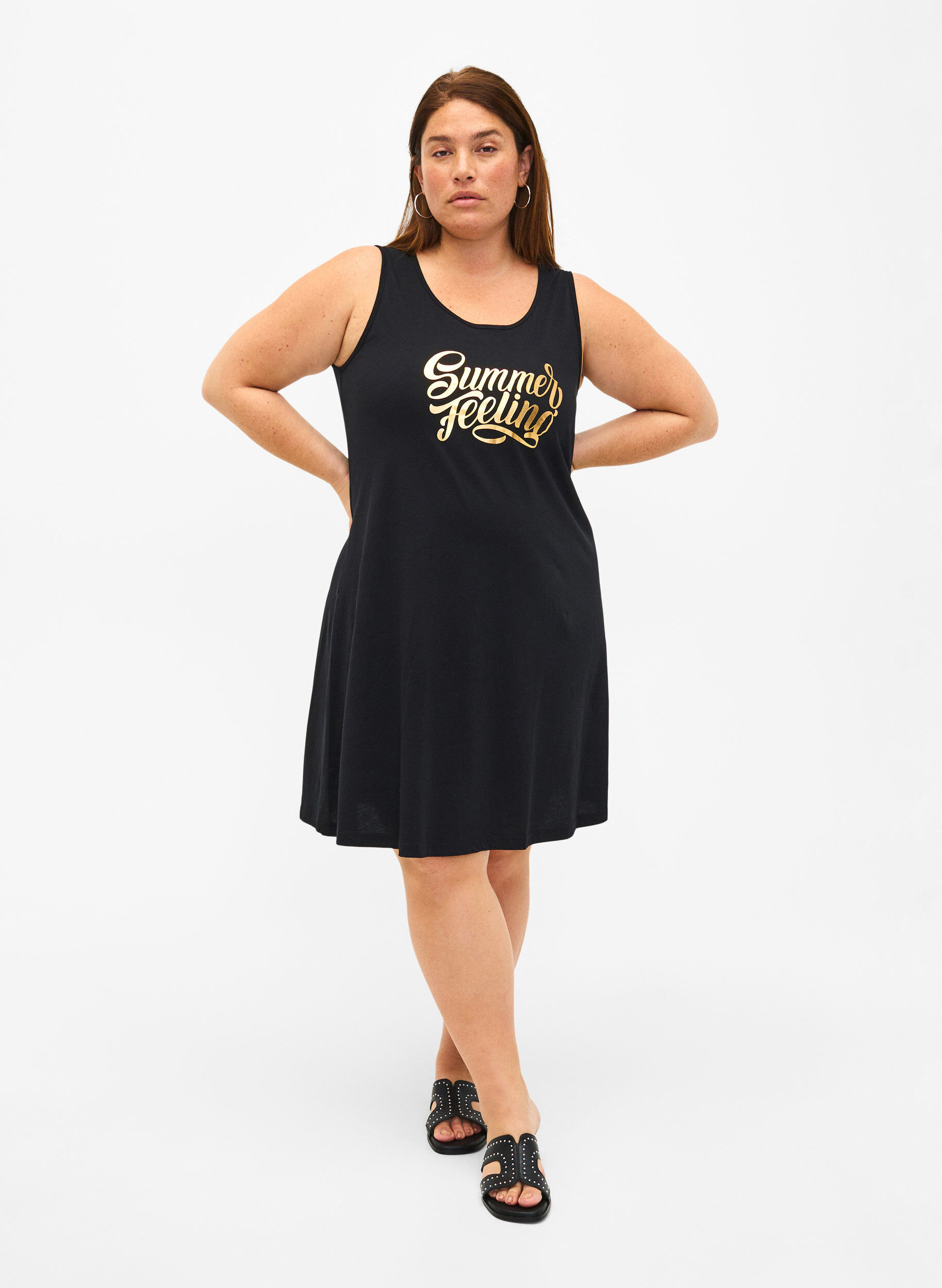 Zizzi Robe sans manches en coton avec forme en A, Black W. Summer, Model image number 2
