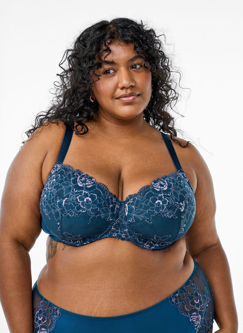 Soutien-gorge à armatures avec dentelle et bonnets rembourrés, Bleu, Model image number 0