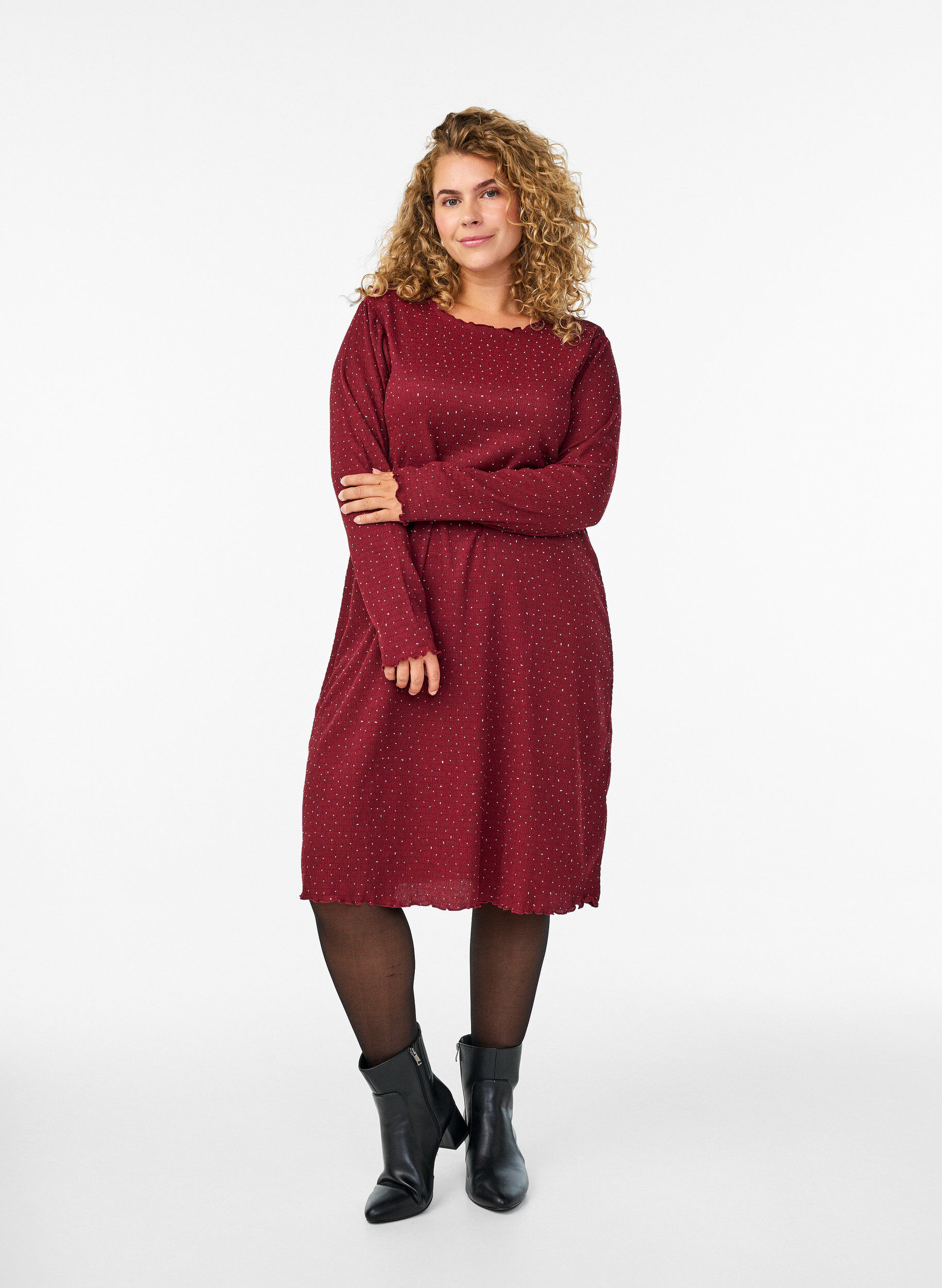 Zizzi Robe avec strass et bords festonn&eacute;s, Bordeaux fonc&eacute;, Model image number 1