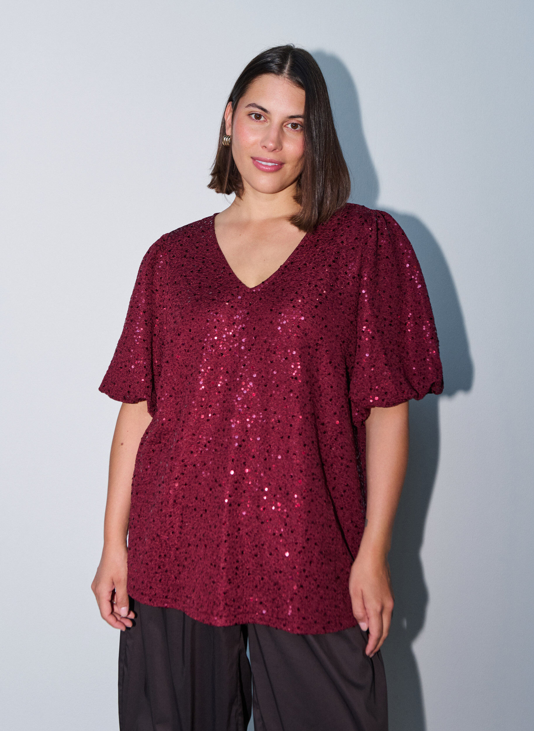 ZizziBlouse &agrave; sequins avec manches ballon, Bordeaux, Model image number 0