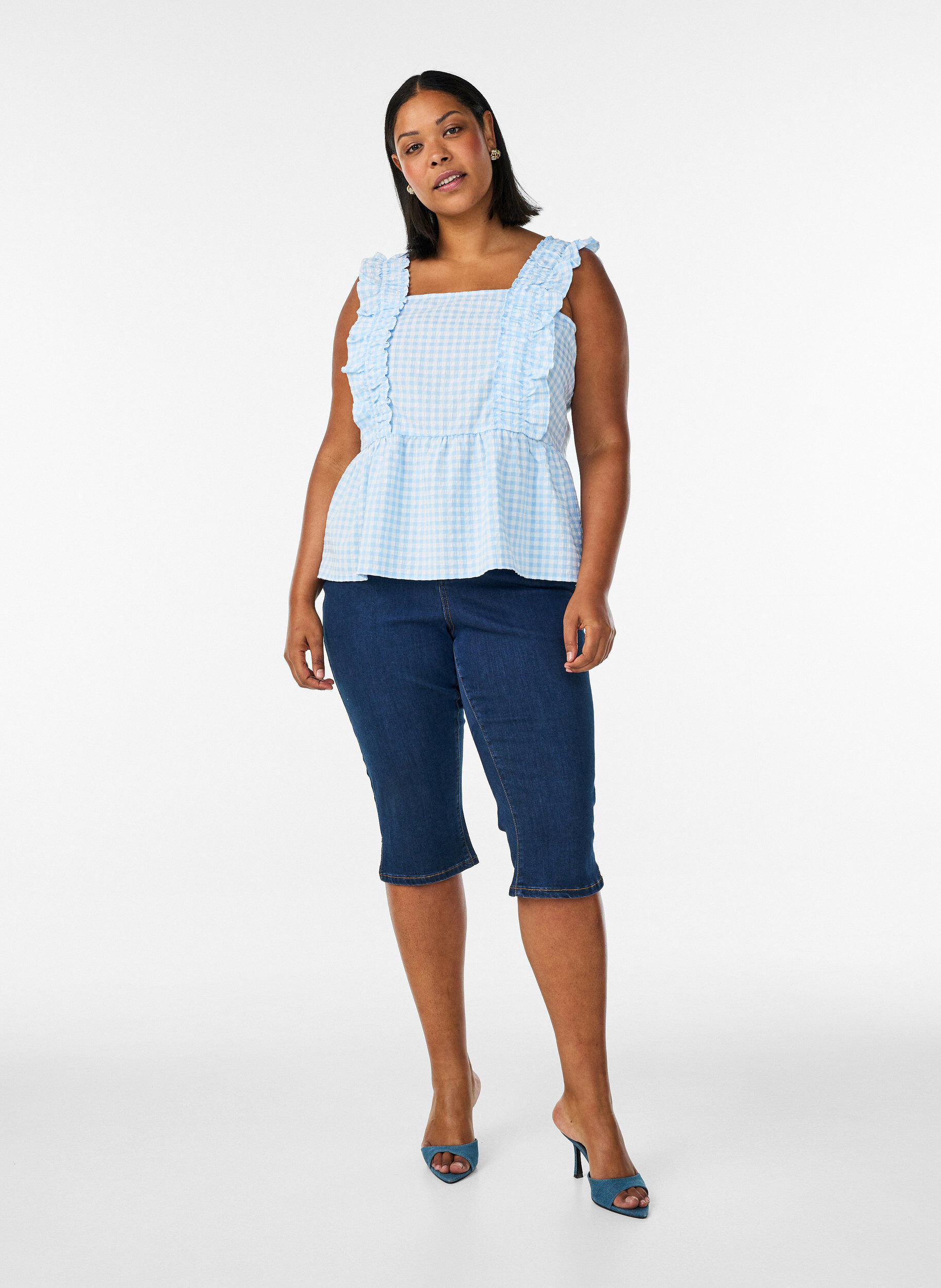 ZizziHaut &agrave; carreaux avec volants, Bleu Clair, Model image number 1