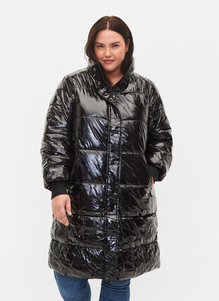Manteau d'hiver brillant avec fermeture Éclair et à boutons, Black, Model image number 0