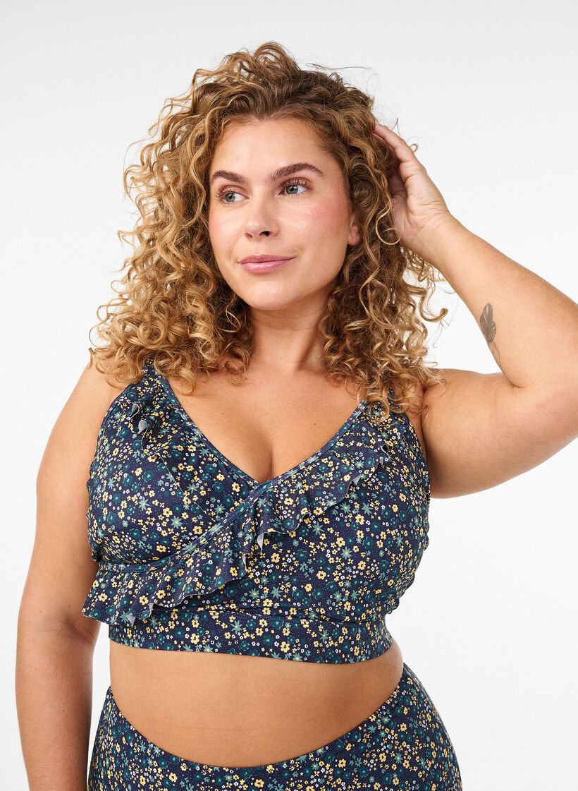 Haut de bikini à fleurs et à détails de jabot, Bleu pétrole, Model image number 0