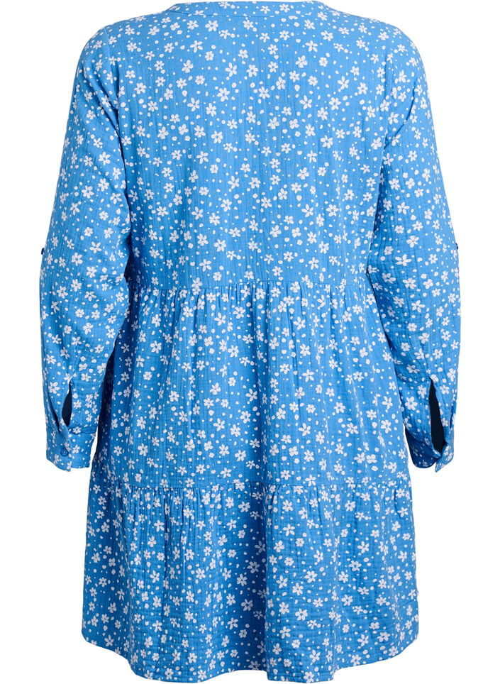 Robe courte en mousseline de coton &agrave; motif, Bleu, Packshot image number 1