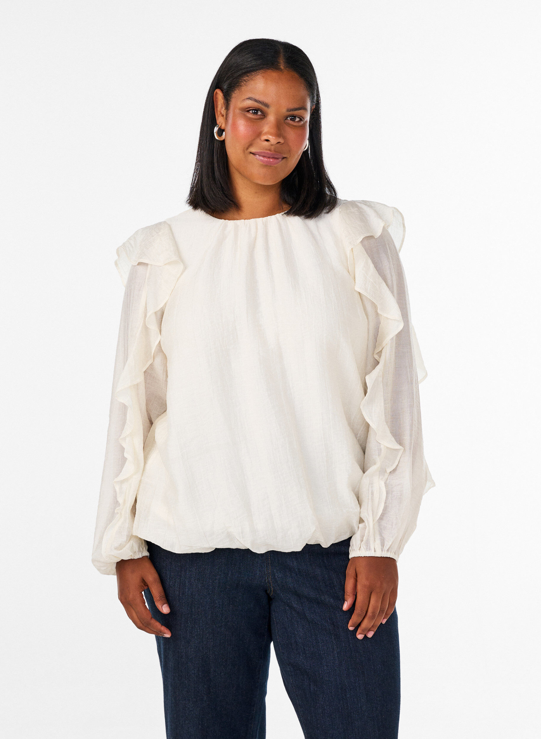 Blouse avec volants et coupe ballon, Vanille, Model