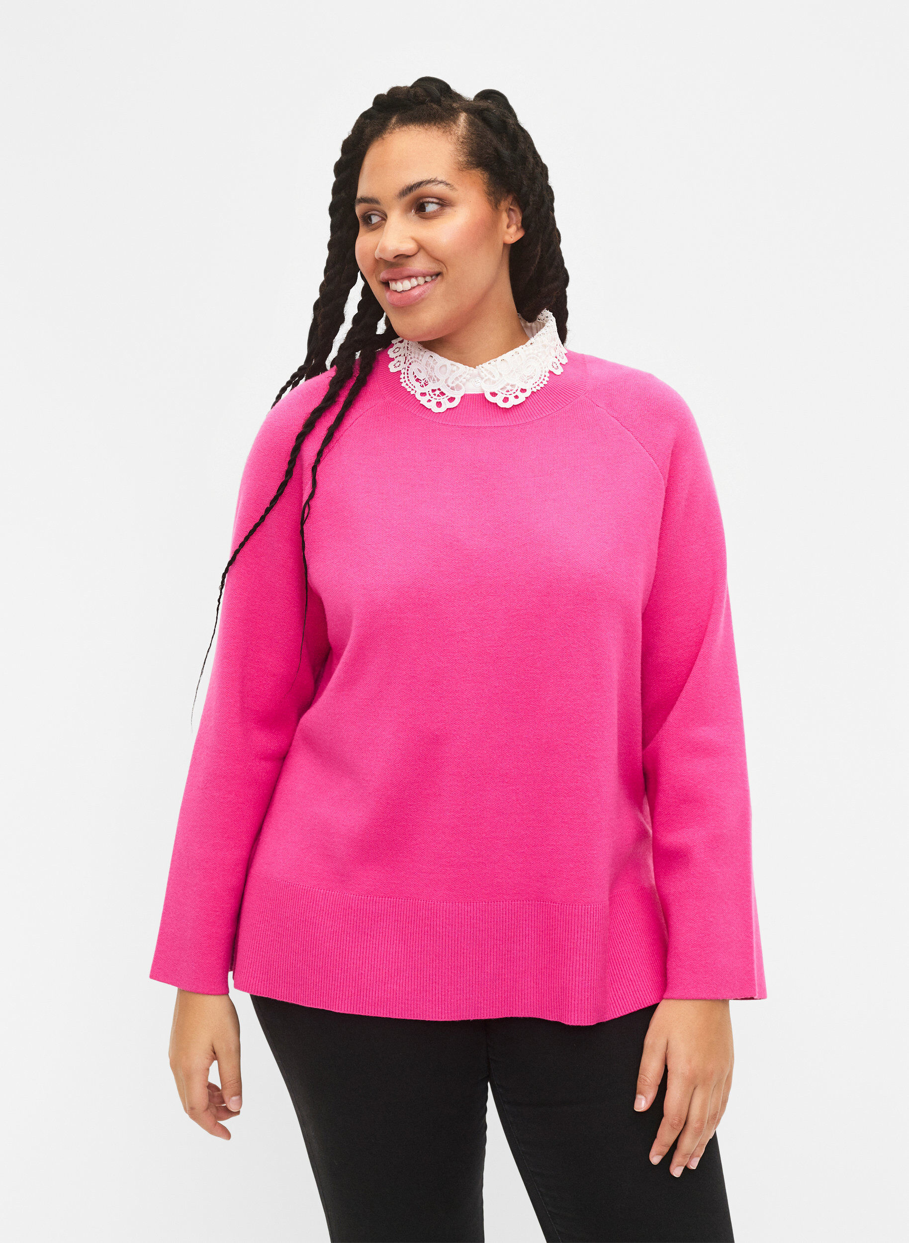 Zizzi Pull en m&eacute;lange de viscose avec fente sur le c&ocirc;t&eacute;	, Raspberry Rose, Model image number 0