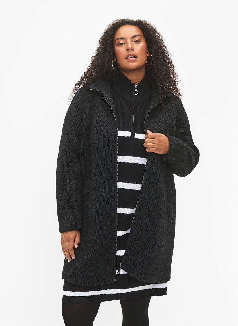 Manteau en bouclette mélangée avec fermeture éclair, Black Mel., Model image number 0