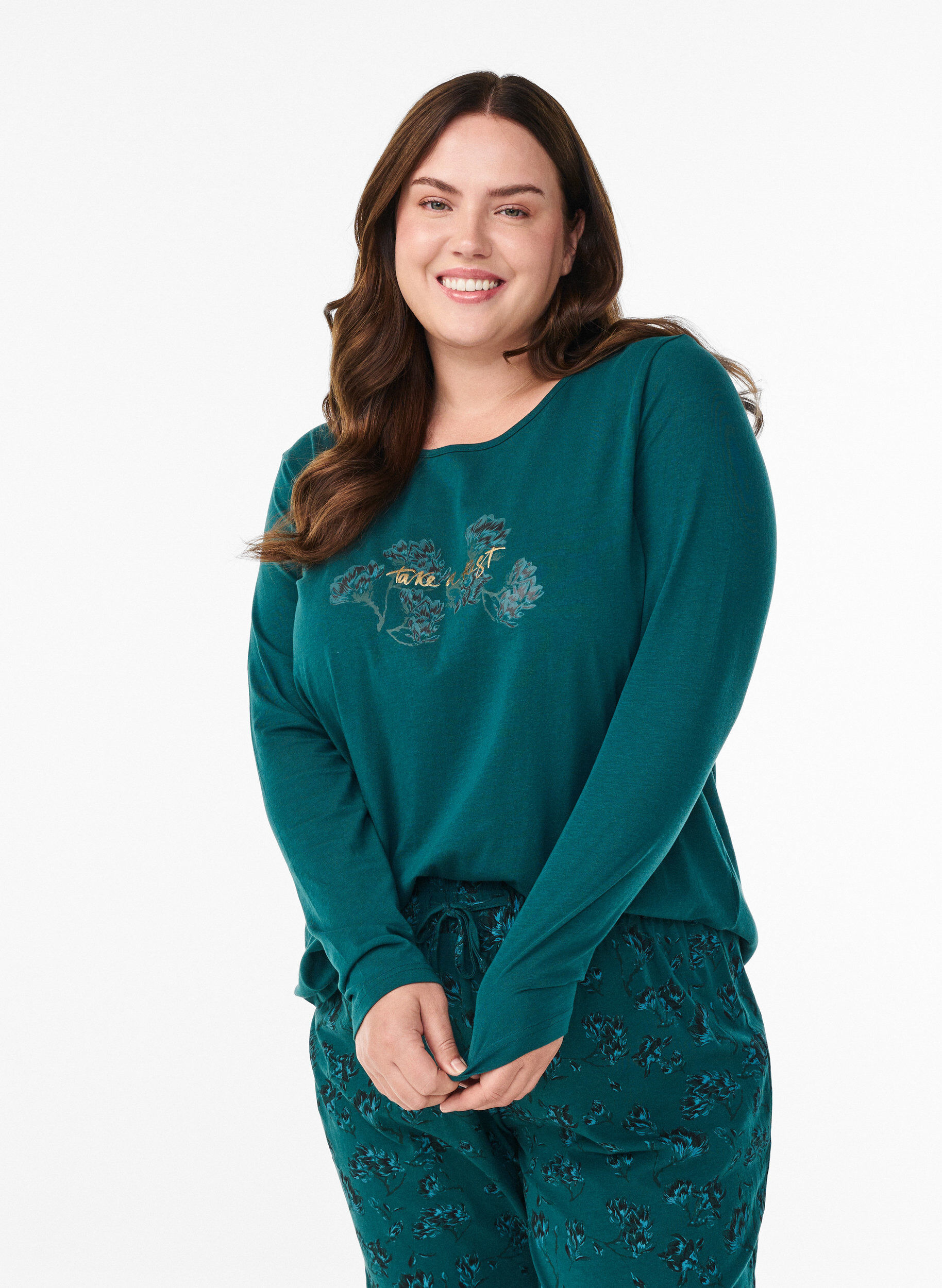 Haut de nuit en coton avec imprim&eacute; sur le devant, Turquoise, Model