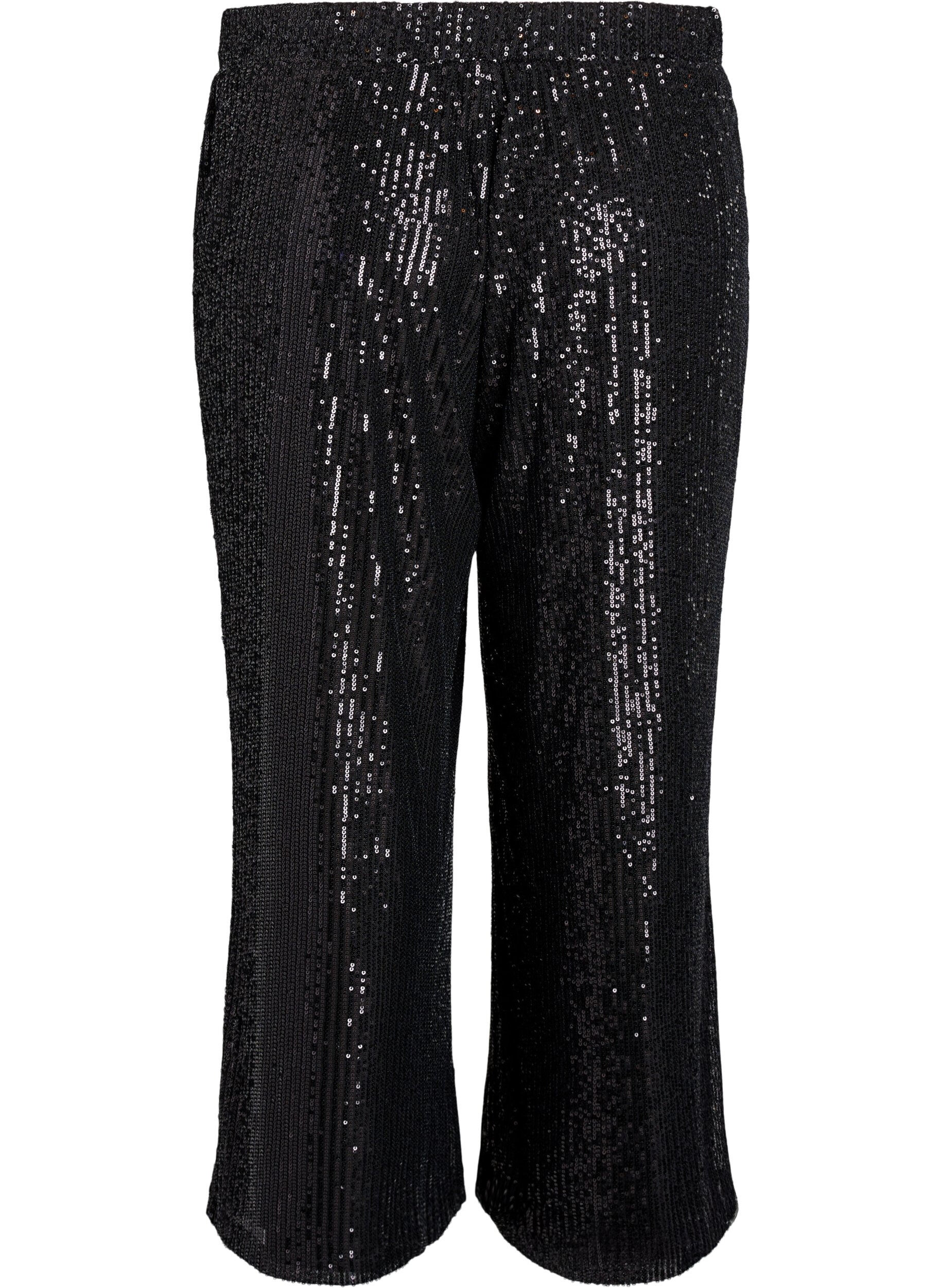 Zizzi Pantalon taille haute &agrave; sequins et coupe ample, Noir, Packshot image number 1