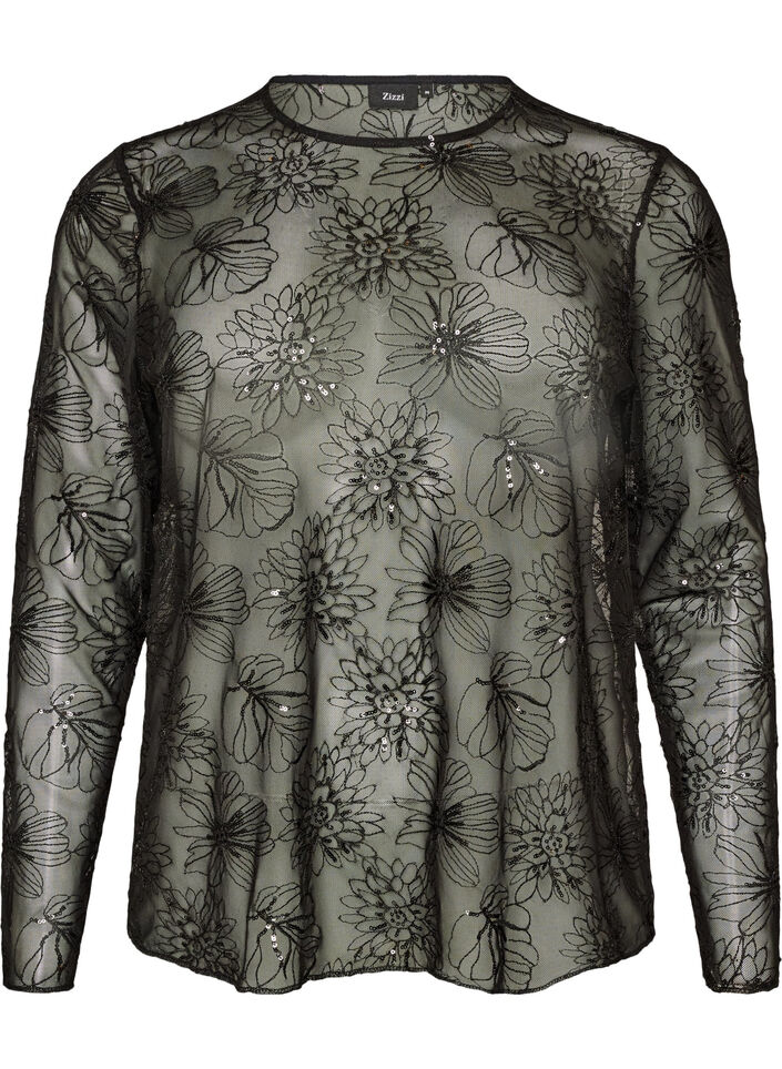 Blouse en mesh avec fleurs et sequins, Noir, Packshot image number 0