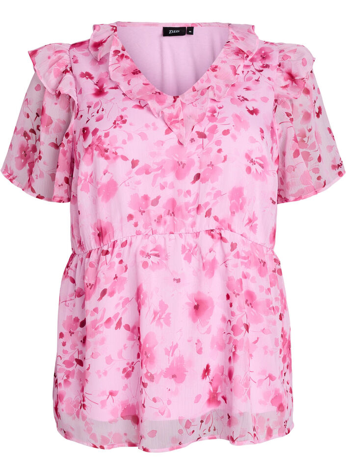 Blouse fleurie avec col &agrave; volants et effet peplum, Rose, Packshot image number 0