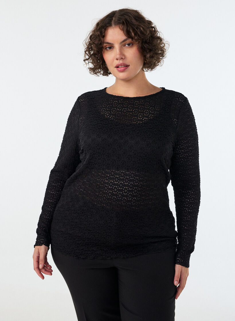 Blouse avec motif &agrave; &oelig;illets et manches longues, Noir, Model image number 0