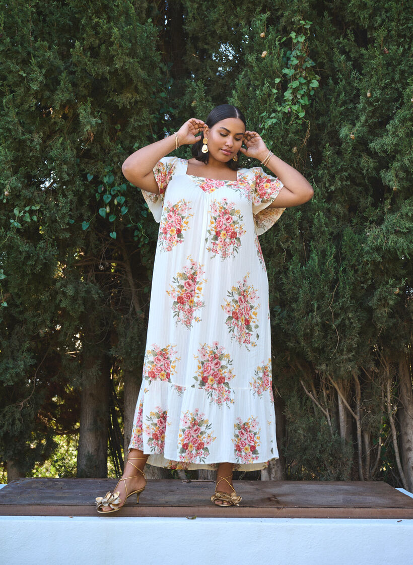 Robe longue avec décolleté carré et motifs floraux, Eggnog Flower, Image image number 0