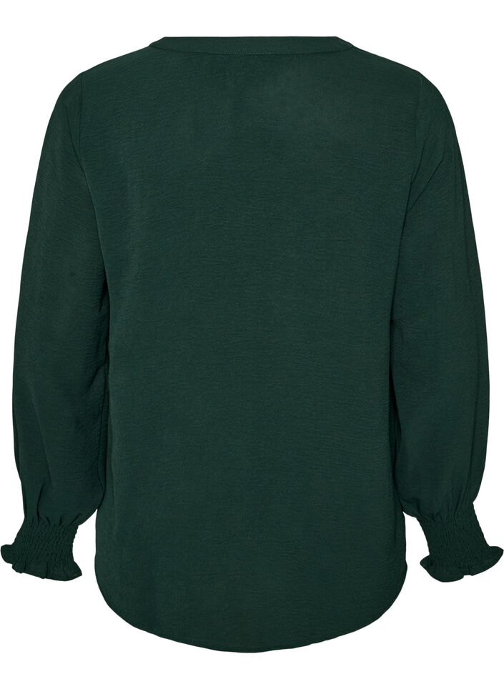 Blouse avec poignets smock&eacute;s et col en V, Vert fonc&eacute;, Packshot image number 1