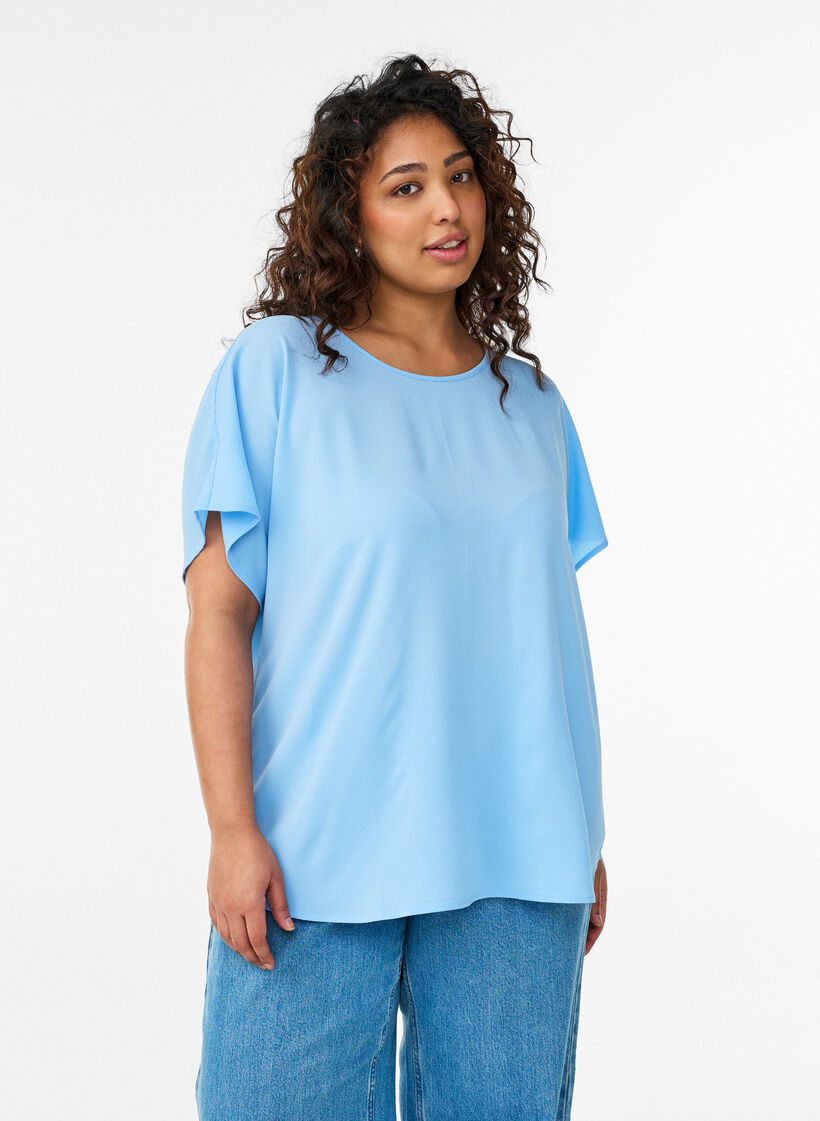 Blouse &agrave; manches courtes et encolure ronde, Bleu, Model image number 0